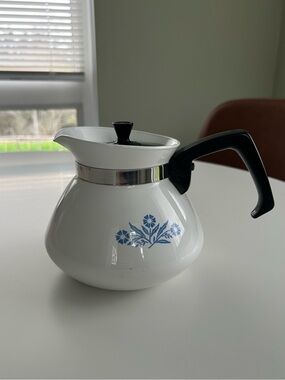Corningware White Ceramic Kettle with Blue Floral Motif and Black Handle